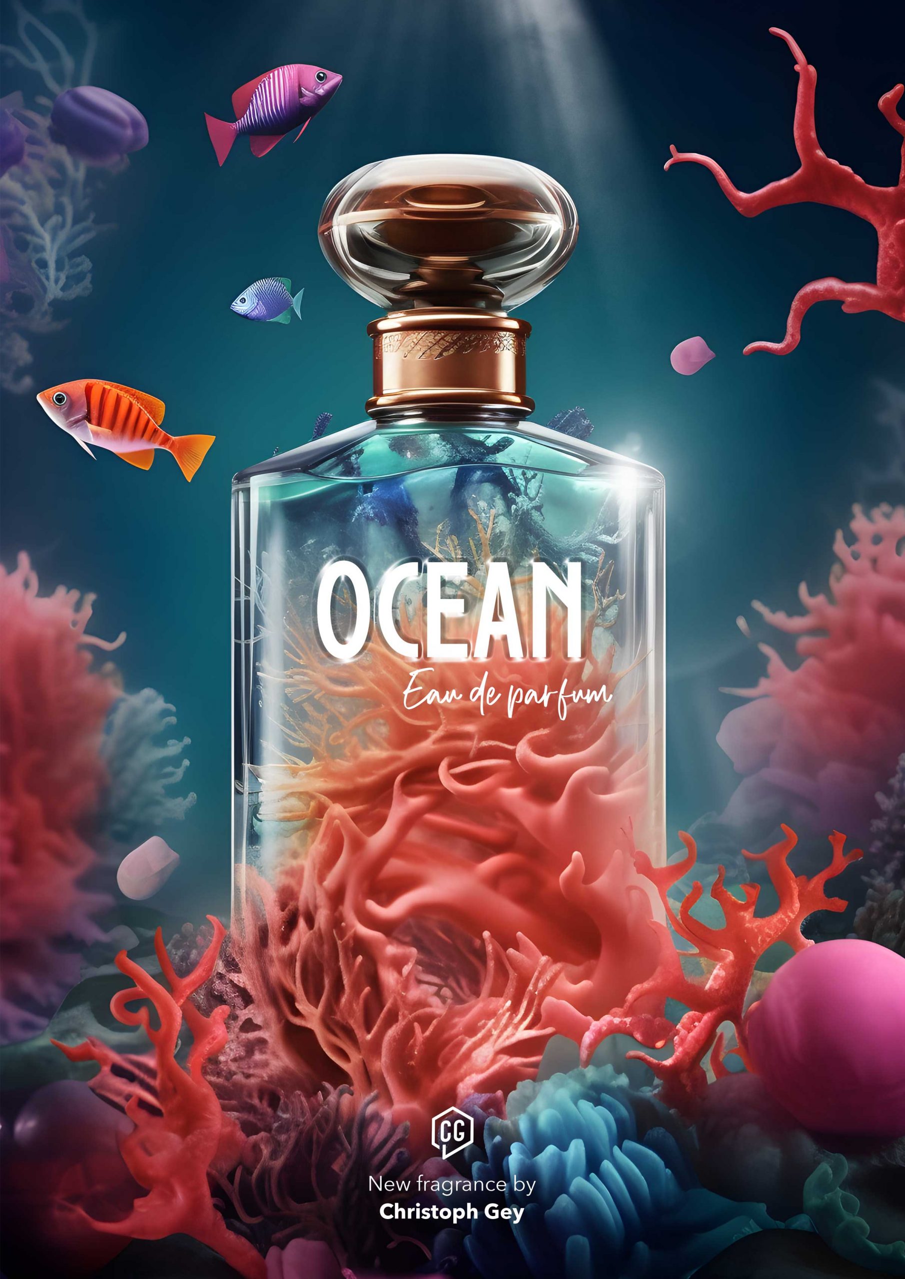 Ocean - Parfum Label Design and Advertising by the freelance art director UI/UX Designer, graphic designer and illustrator Christoph Gey from Leipzig, Germany.