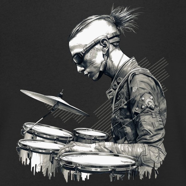 Motiv: Badass Drummer auf T-Shirts, Tops, Hoodies & Mehr. Fineart Druck. Drumkit, Sticks, Drummer, Schlagzeuger