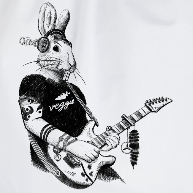 Badass vegetarische Illustration für Shirts, Hoodies, Tops und mehr. Zeigt einen coolen, Gitarre spielenden Hasen. Badass Textildruck. Veggie, vegan vegetarian, vegetable, musician, rabbit, freelance illustrator