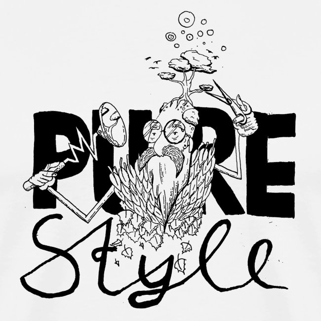 Badass fashion Illustration for Shirts, Hoodies, Tops and more. Showing a fantasy man cutting the bonsai tree on his head. Type saying: Pure Style.
