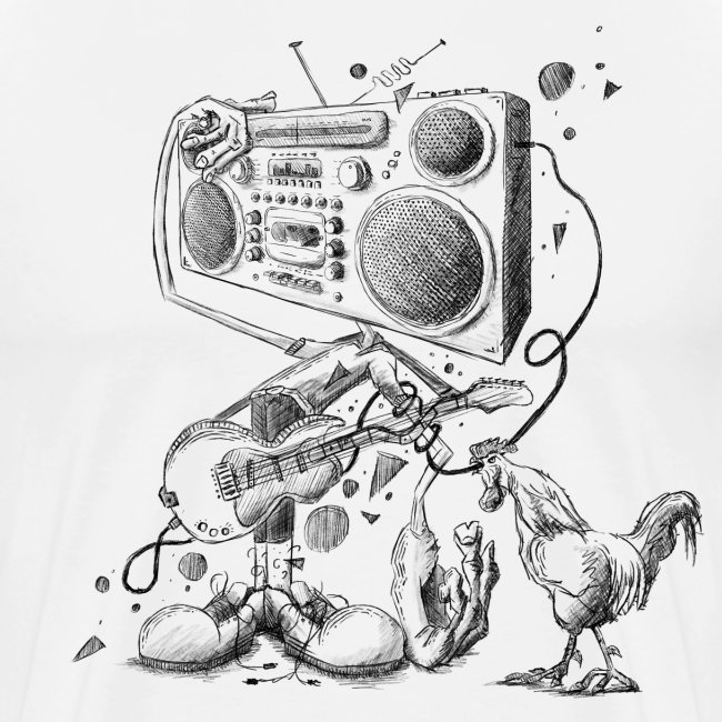 Badass guitar Illustration for Shirts, Hoodies, Tops and more. Showing a boy with Ghettoblaster on his head, a guitar in hand and a crazy chicken nearby. Creative masterpiece.