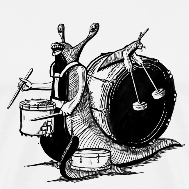 Badass drum Illustration for Shirts, Hoodies, Tops and more. Showing a snail hitting the drums hard. Absolut Creative, Badass and funny at the same time.