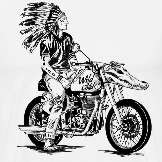Badass motorcycle Illustration for Shirts, Hoodies, Tops and more. Showing a Native American driving on his motorcycle (with an alligator head). Totally creative, wild, badass and funny