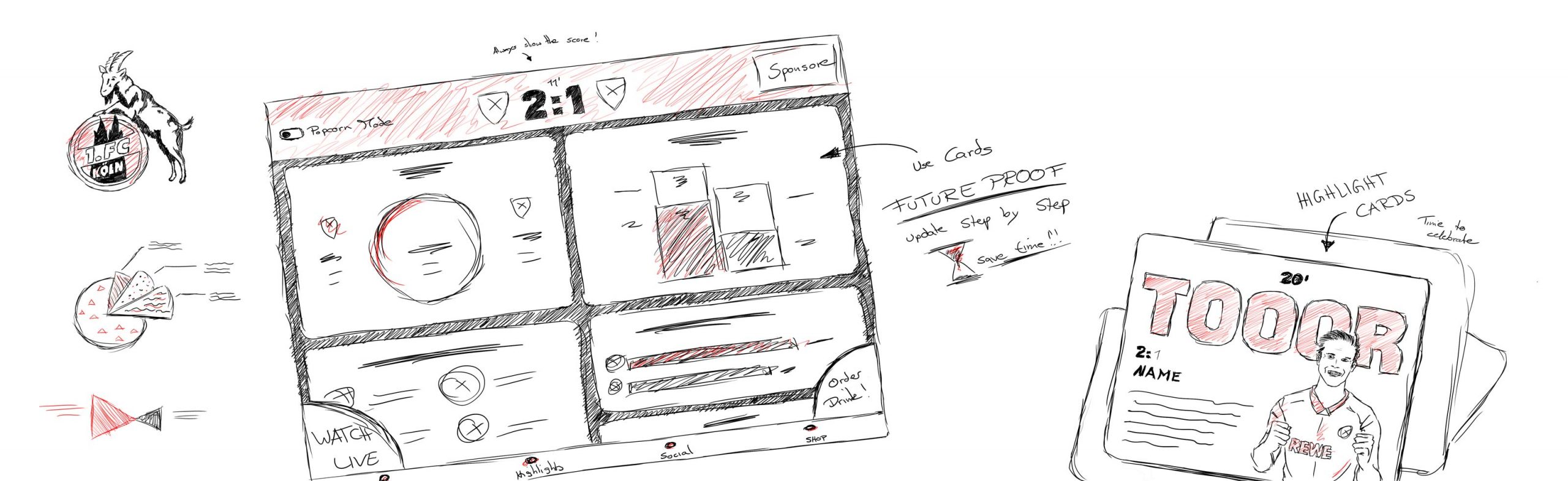 Every Project starts with thinking. Here the process for a futuristic app of 1. FC Köln. Designed by the freelance creative director Christopher get from Leipzig.