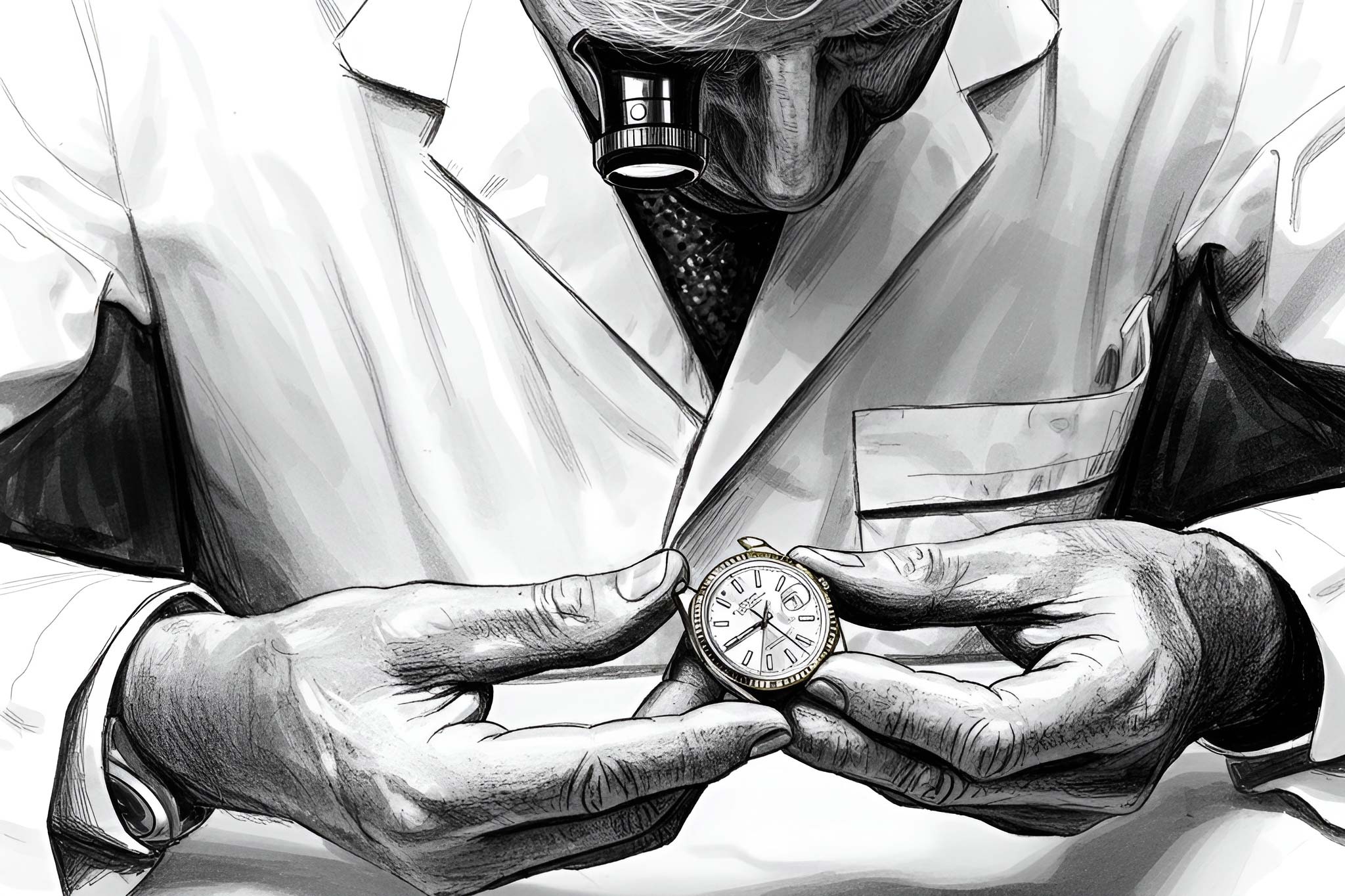 Drawing of a Rolex watchmaker by the freelance creative director Christopher Gey from Leipzig