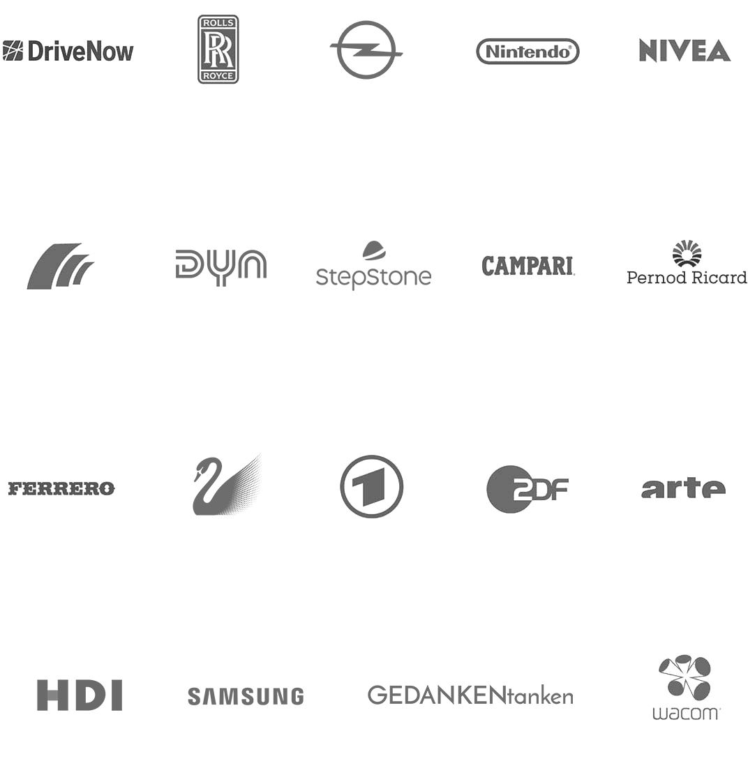 Clients of the freelance art director Christoph Gey from Leipzig, such as Dyn, Nintendo, Mercedes, Dorma, Campari, Pernod Ricard and many more