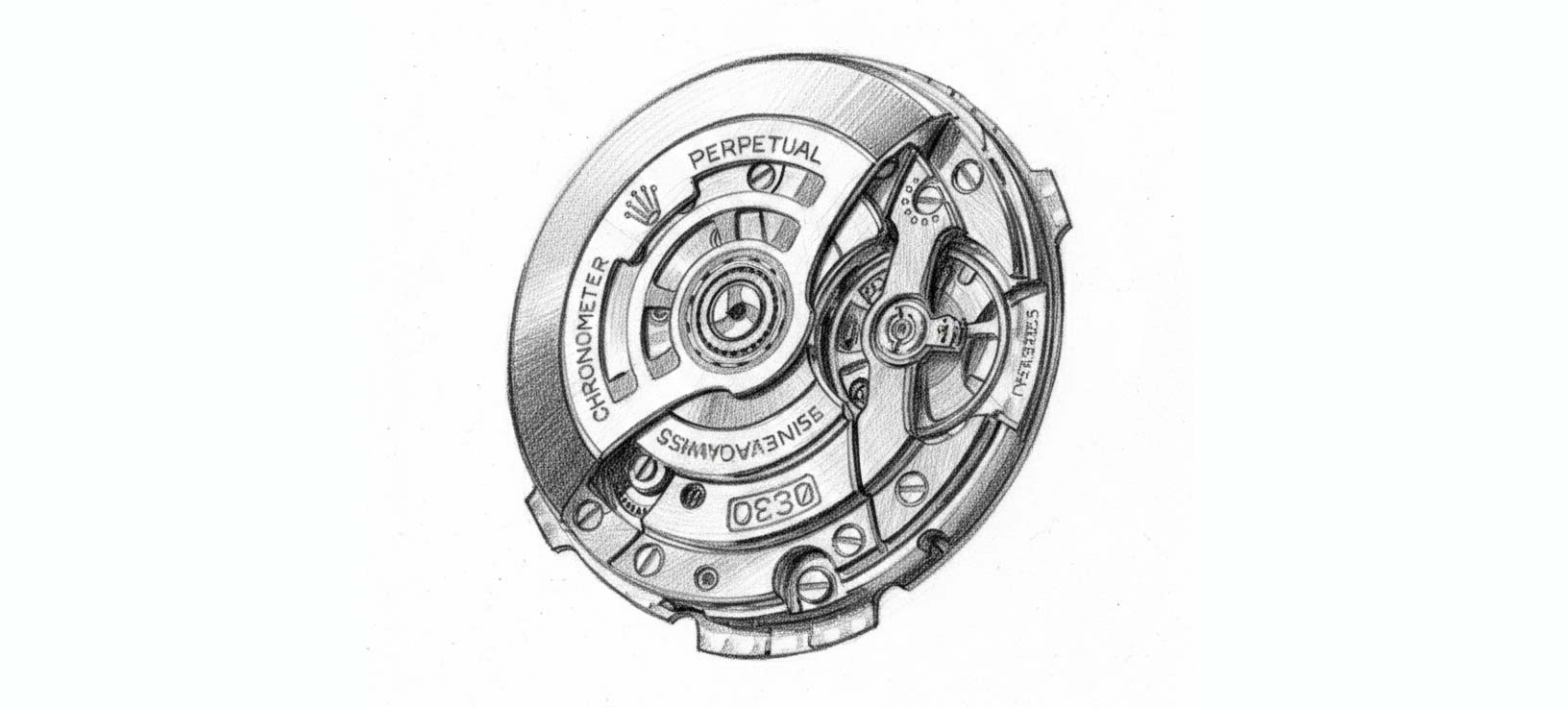 Drawing of a Rolex clockwork by the freelance creative director Christopher Gey from Leipzig