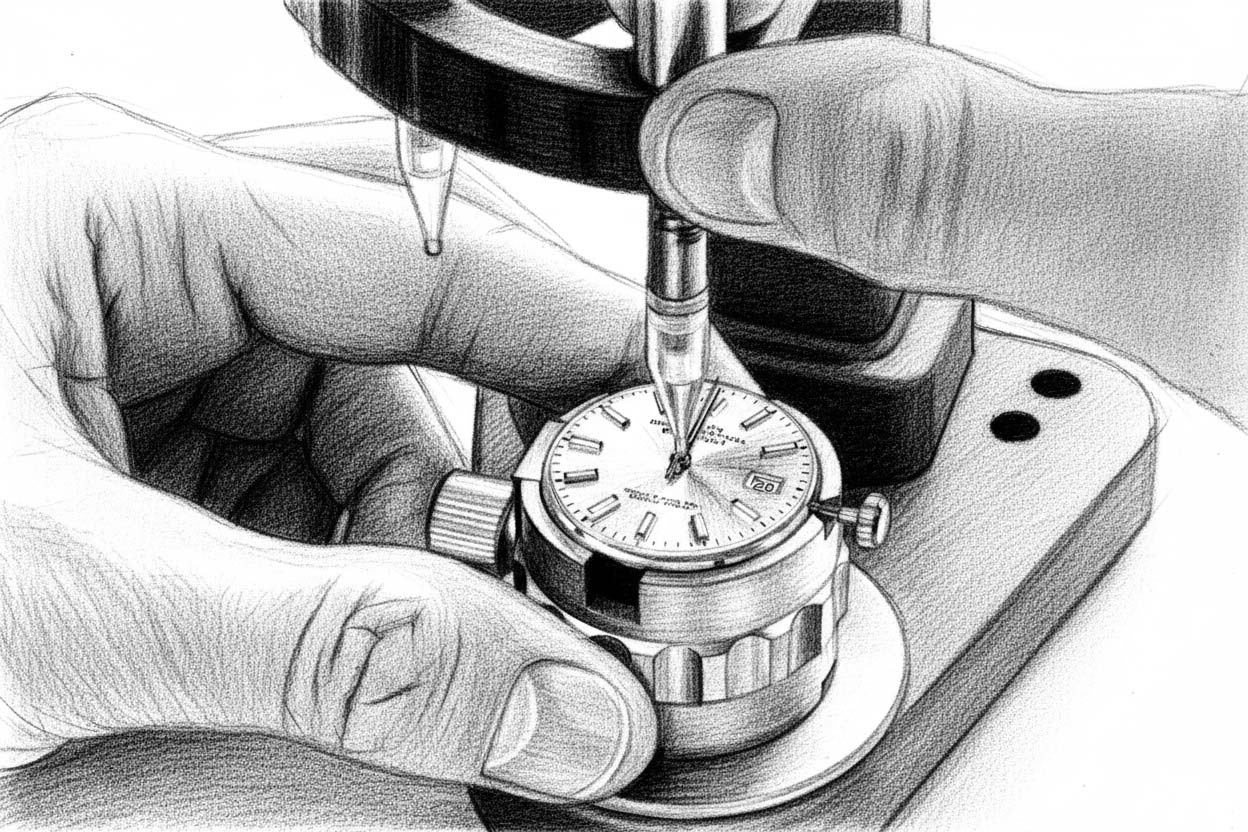 Drawing of a Rolex watchmaker by the freelance creative director Christopher Gey from Leipzig