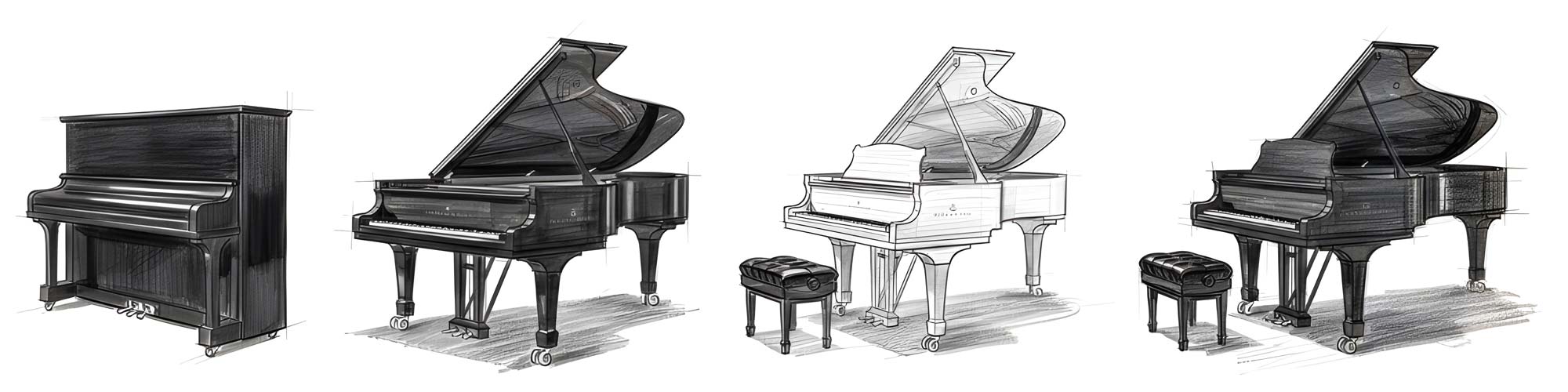 Set of Steinway pianos sketched by freelance creative director Christoph Gey from Leipzig