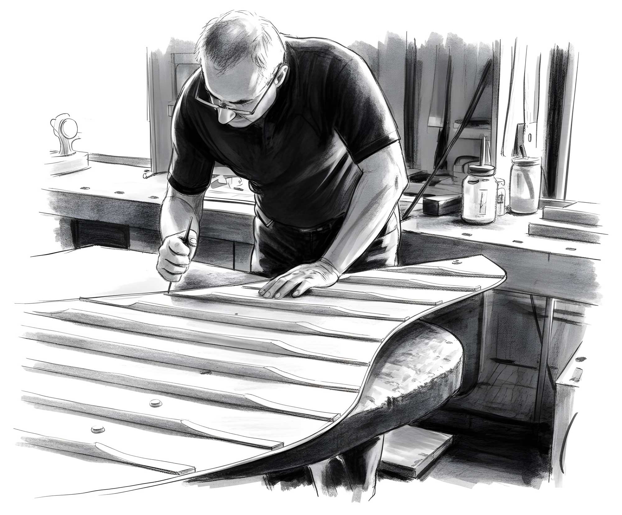 Sketch of a wood crafter of a steinway & sons in his perfection by freelance creative director Christoph Gey from Leipzig