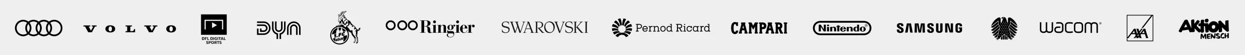 clients of christoph gey - audi, volvo, DFL Digital Sports, Dyn, Swarovski, Ringier, Pernod Ricard, Campari, Nintendo, Samsung, Wacom, German Bundestag, AXA, Aktion Mensch