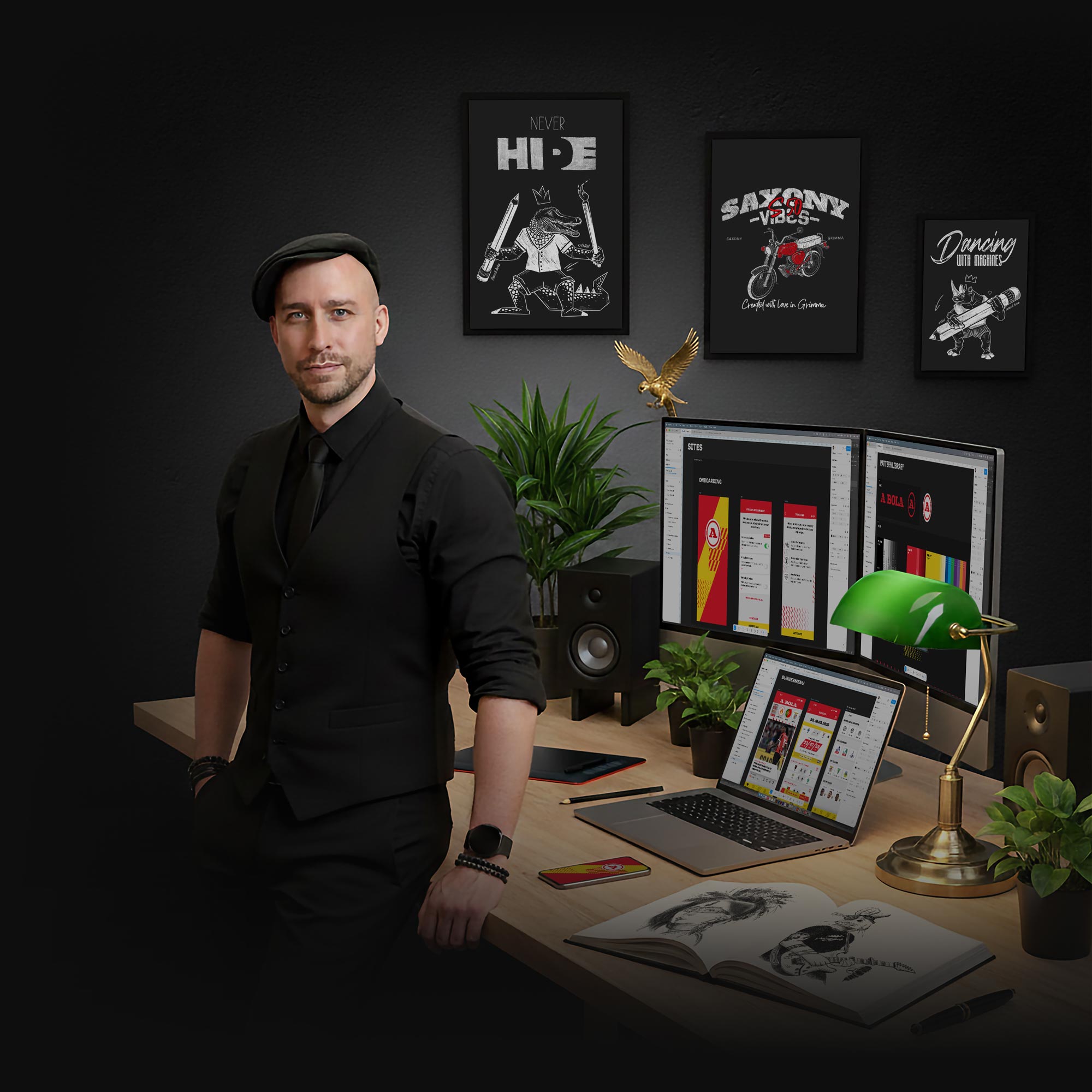 A portrait of Christoph Gey, Freelance Creative Director, in his curated studio environment, demonstrating his orchestrated approach to managing complex digital experiences and brand systems