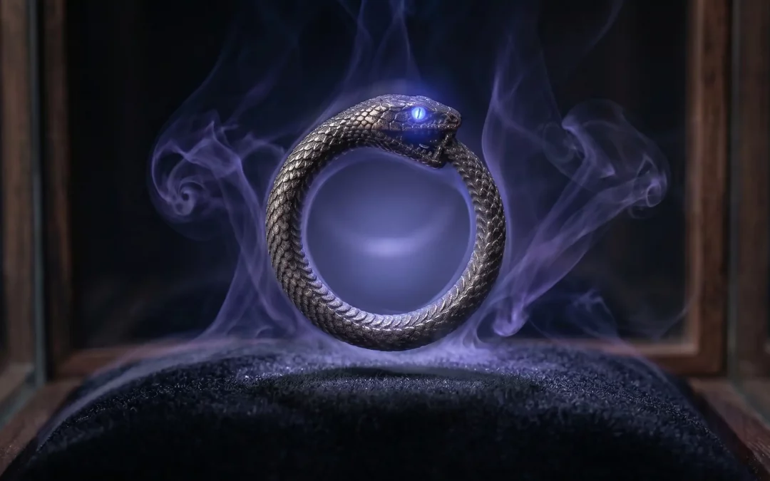 An ouroboros snake ring displayed on dark velvet inside a glass case, surrounded by blue smoke — a visual metaphor for emotional memory in objects and design psychology.