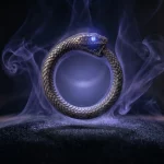 An ouroboros snake ring displayed on dark velvet inside a glass case, surrounded by blue smoke — a visual metaphor for emotional memory in objects and design psychology.