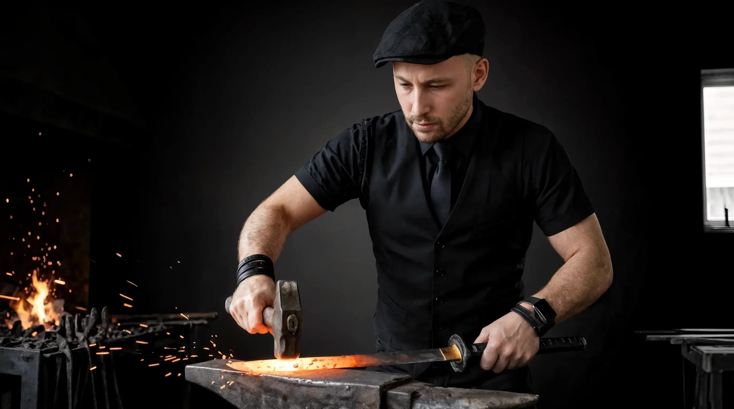 studio photograph of Christoph Gey dressed as a blacksmith in a black flat cap, short sleeve shirt, and vest, hammering a glowing red katana blade on an anvil, sparks flying from the forge in the background, dramatic lighting, sharp focus, dark background, industrial setting, masculine aesthetic