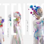 A surreal, high-key digital art piece featuring three stylized figures in a dreamlike state, with large, semi-transparent white letters "ATTENTION" spanning the width. The figures, with pearl-white, iridescent skin and flowing paint effects, progress from a smaller figure with an explosive floral head on the left to a larger figure on the right. This final figure has closed eyes, outspread hands like a sleepwalker, and blue and pink spheres floating from its head. Interspersed script text asks "Are you sleepwalking through life?" Vertical Japanese text on the far left reads "Attention," and Japanese text on the lower right reads, "Are you living like someone who isn't really here?" The composition has a polished, museum-quality feel against a light-grey gradient background.