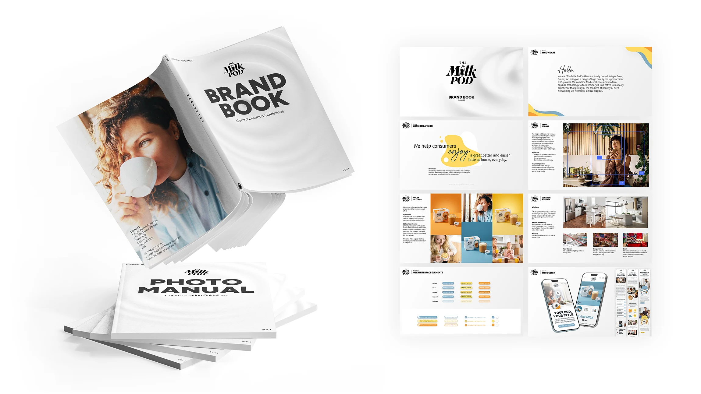 Brandbook of "The Milk Pod" a Krüger Group Company - created by the freelance creative director Christoph Gey from Leipzig Germany