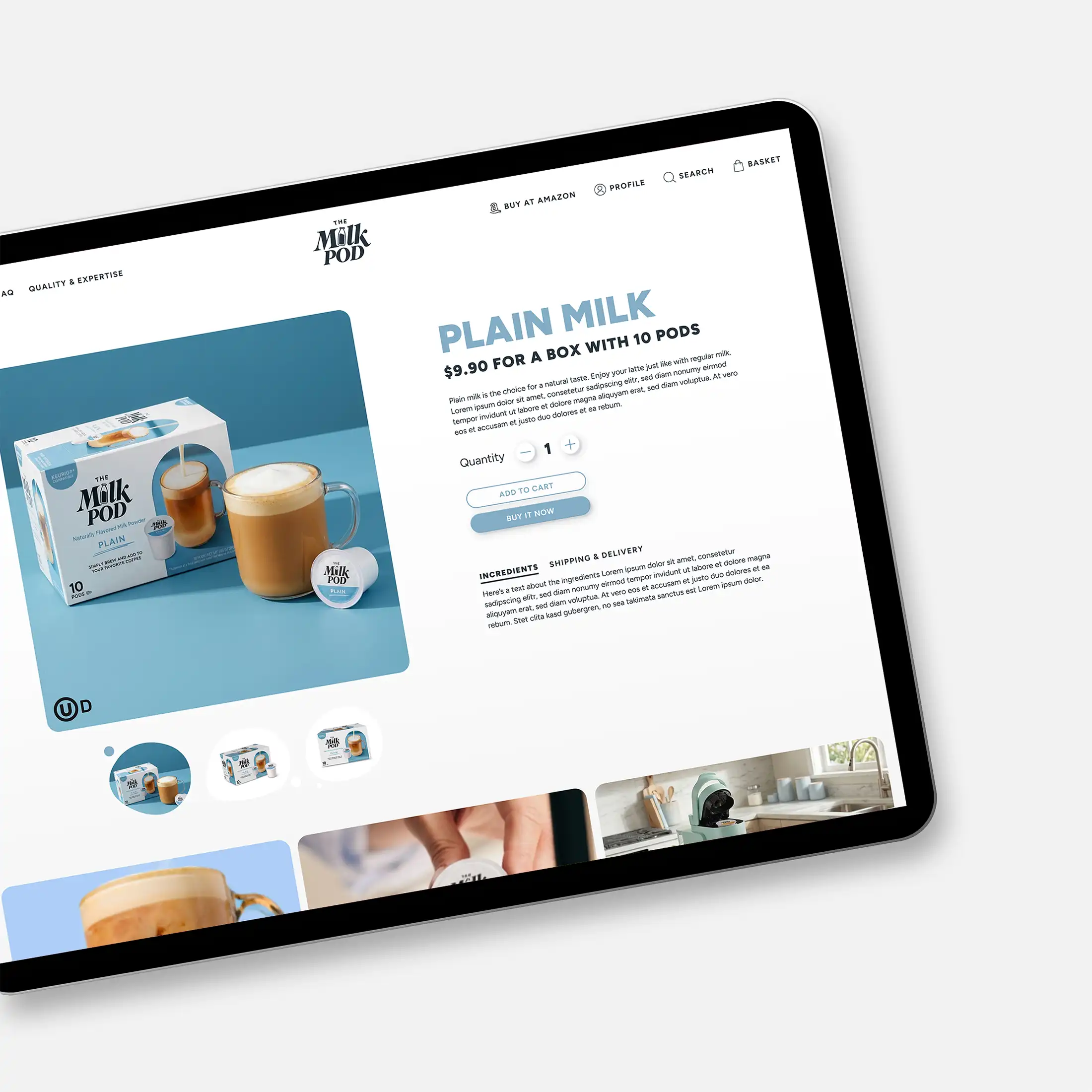 Website design showcase for The Milk Pod (Krüger Group) by Creative Director Christoph Gey – web design for e-commerce and brand design on a tablet.