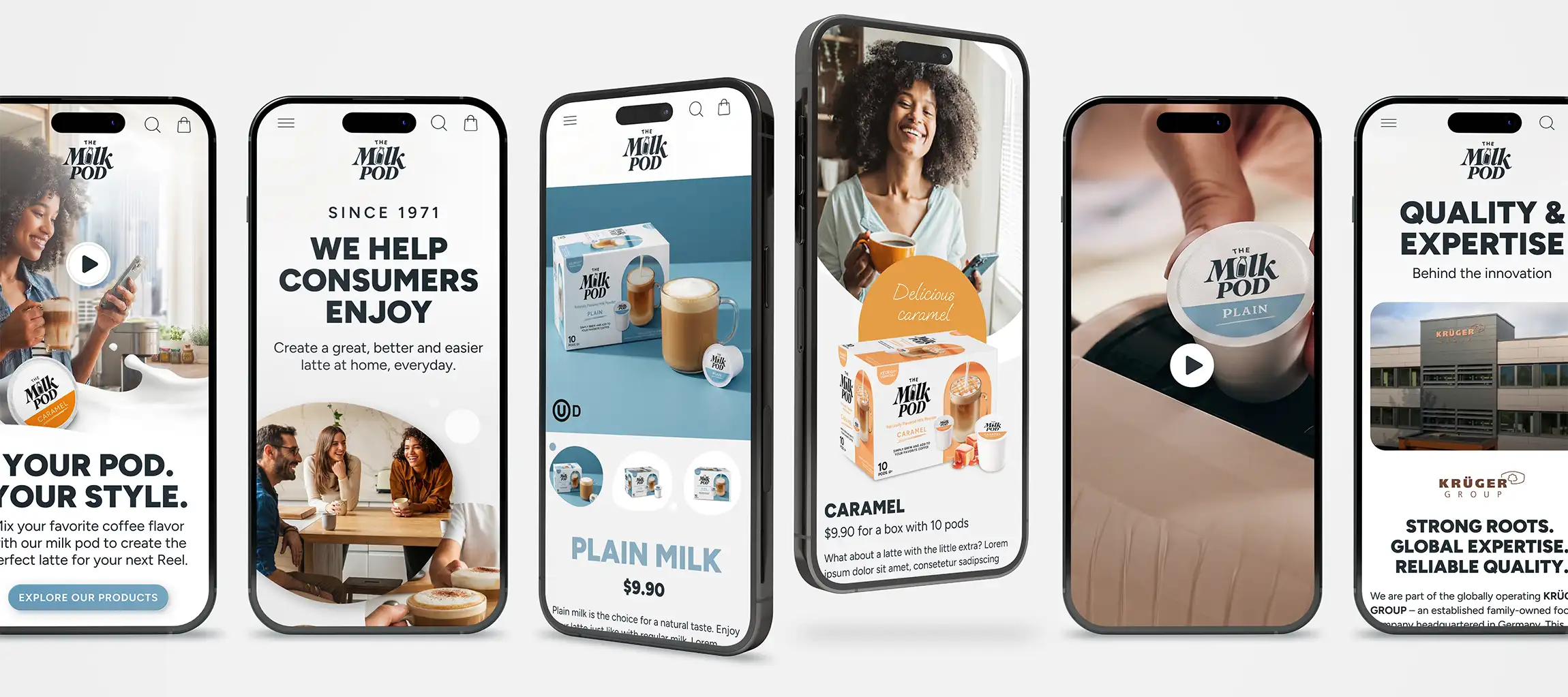 Mobile website design for The Milk Pod by Christoph Gey, showing responsive e-commerce UI across smartphones.