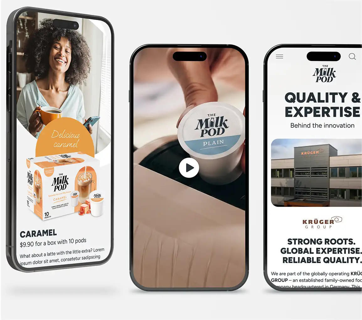 Multiple smartphones displaying the mobile e-commerce layout for The Milk Pod coffee pods and milk products.