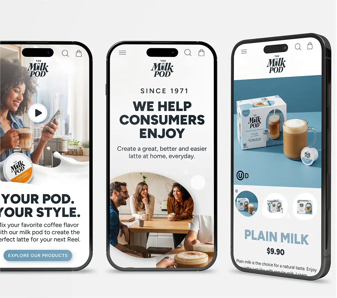 Responsive mobile UI/UX web design showcase for The Milk Pod brand, designed by Creative Director Christoph Gey.
