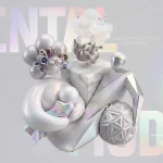 Abstract 3D representation of mental models as iridescent, shaped objects symbolizing emotions, memories, and target groups. Includes the text "MENTAL MODELS" as well as additional text in English and Japanese.