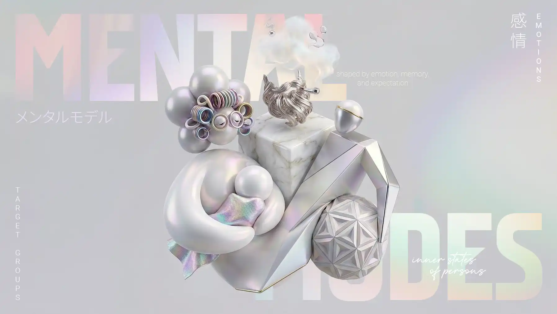 perception-architecture-target-group-essay-freelance-creative-director-christoph-gey-germany Abstract 3D representation of mental models as iridescent, shaped objects symbolizing emotions, memories, and target groups. Includes the text "MENTAL MODELS" as well as additional text in English and Japanese.
