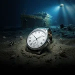Luxury Brands - outlasting stormy (AI) seas 1 A classic silver watch with a white dial and Roman numerals lies half-buried in the sandy seabed. In the deep-sea background, a massive ocean liner wreck looms. The titanic, illuminated by bright spotlights from a small submersible vehicle exploring the depths.