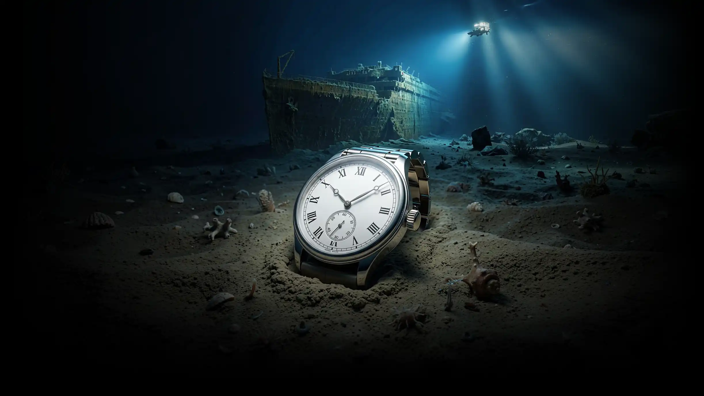 A classic silver watch with a white dial and Roman numerals lies half-buried in the sandy seabed. In the deep-sea background, a massive ocean liner wreck looms. The titanic, illuminated by bright spotlights from a small submersible vehicle exploring the depths.