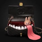 A creative, customized Chanel quilted leather bag is open, transformed into a playful monster. It eats a Labubu inside, paper fangs, and a long pink fabric tongue extending from the mouth, all set against a deep black background. This unique art piece combines luxury fashion and playful art.